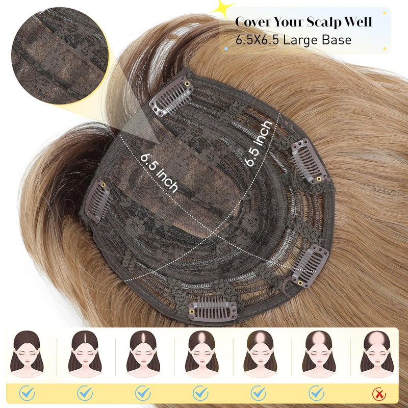 PANEWAY Hair Topper With Bangs Straight 18inch Toppers 6.5“ ×6.5” Base Premium Synthetic Hair Pieces For Women-Light Brown with Dark Root - Image 3